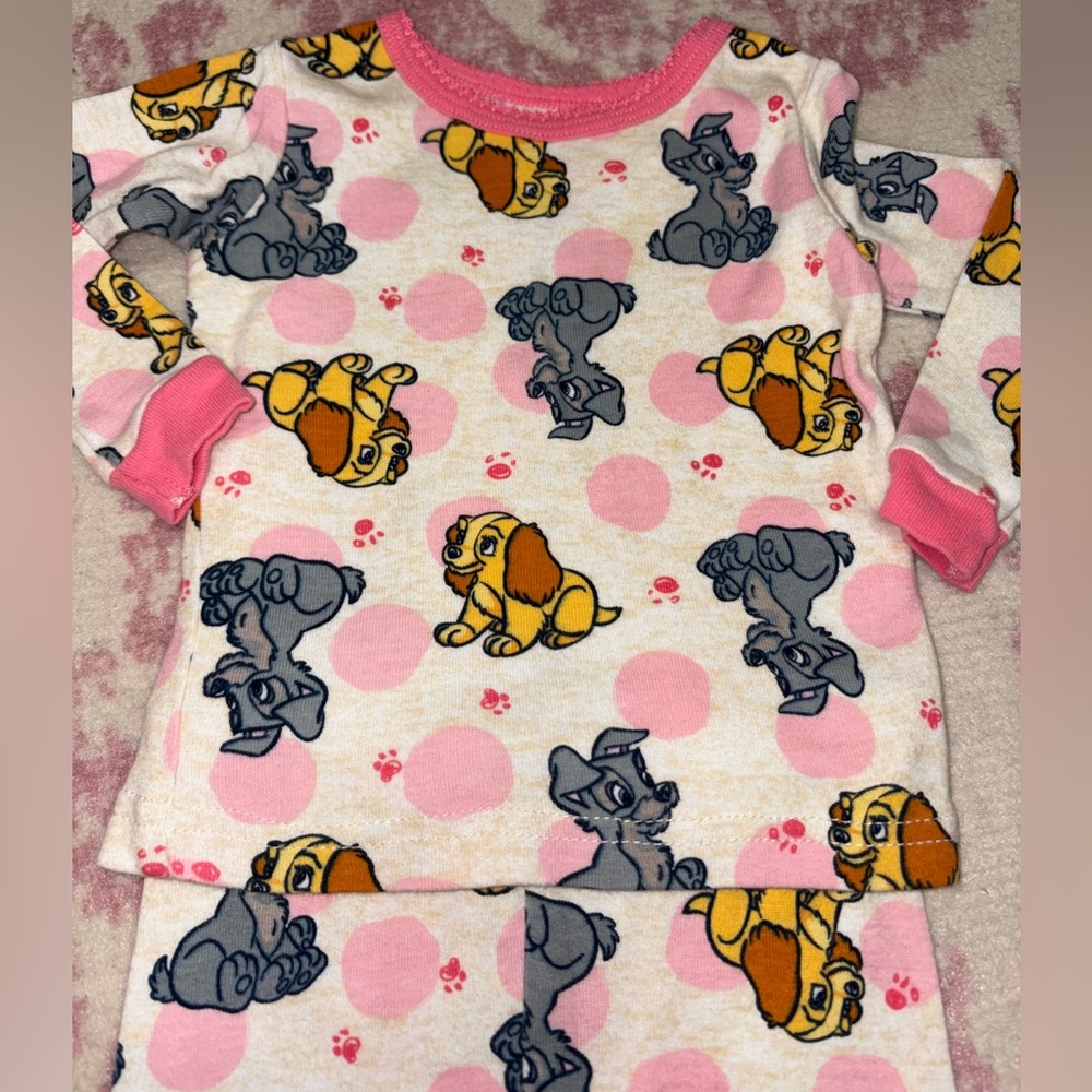 Disney Lady & the Tramp Pink and Beige 2-Piece Pajama Set 12m Baby Girl - Picture 3 of 4